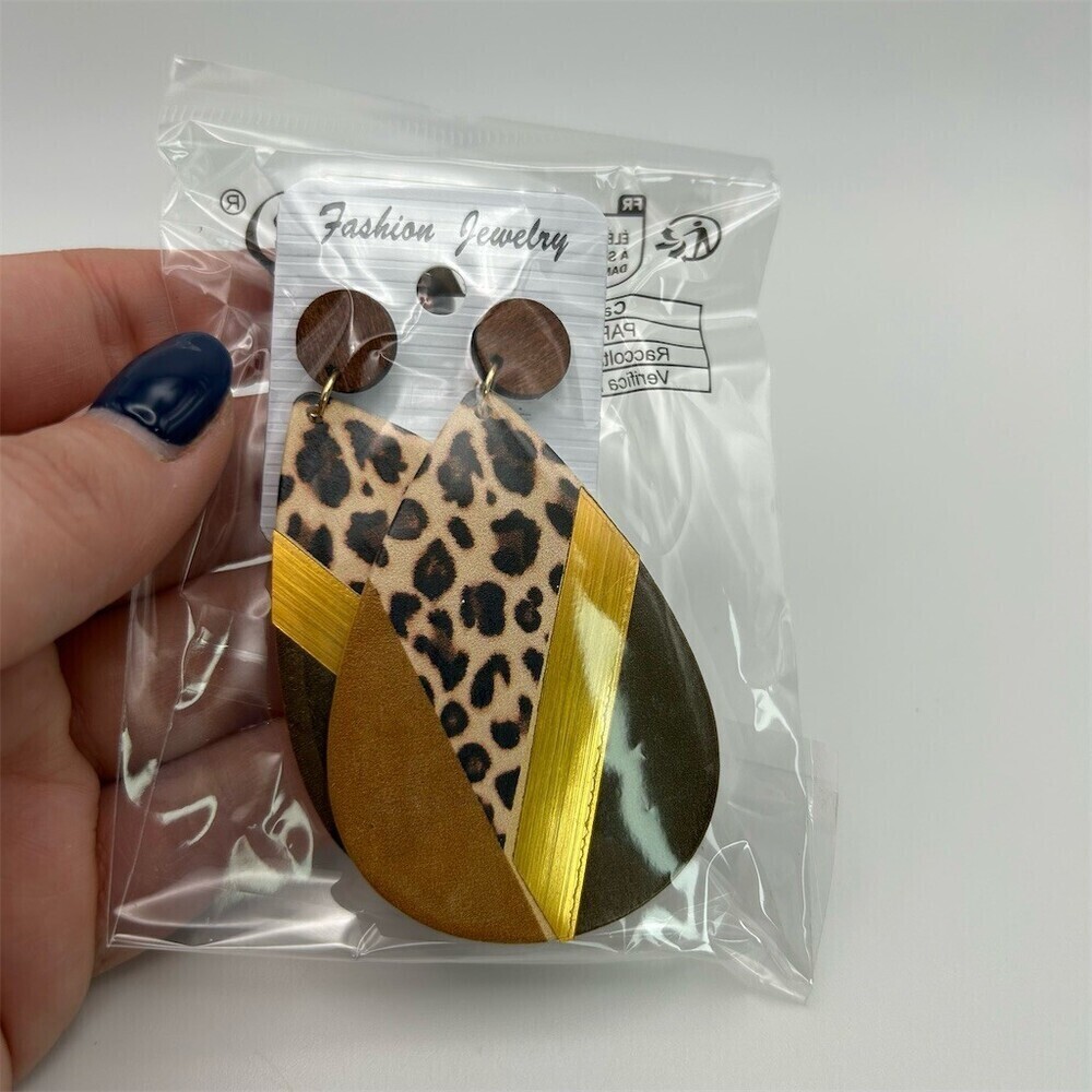 Leopard Print Teardrop Stud Dangle Earrings Gold Tone Geometric Statement - Picture 3 of 5
